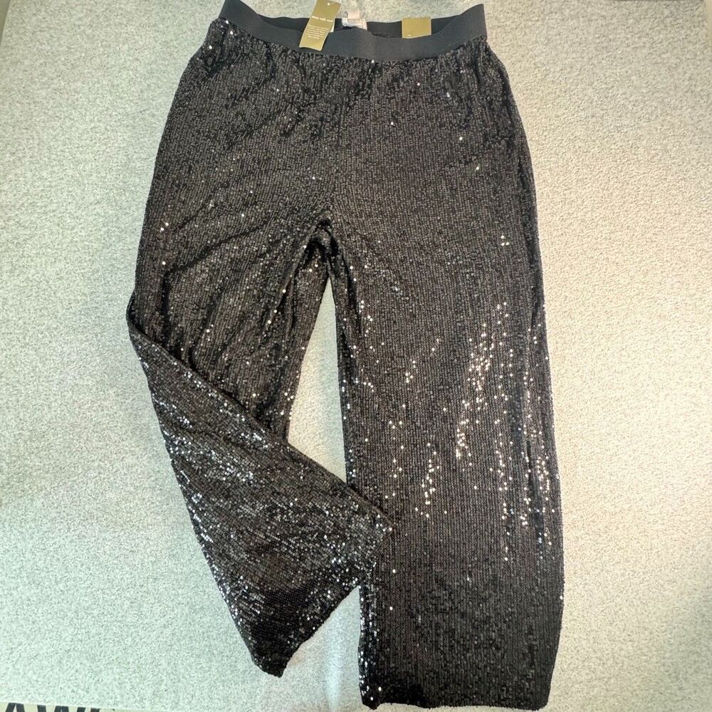 Chico's Black Sequin Wide Leg Pants Elastic Waist Evening Party L